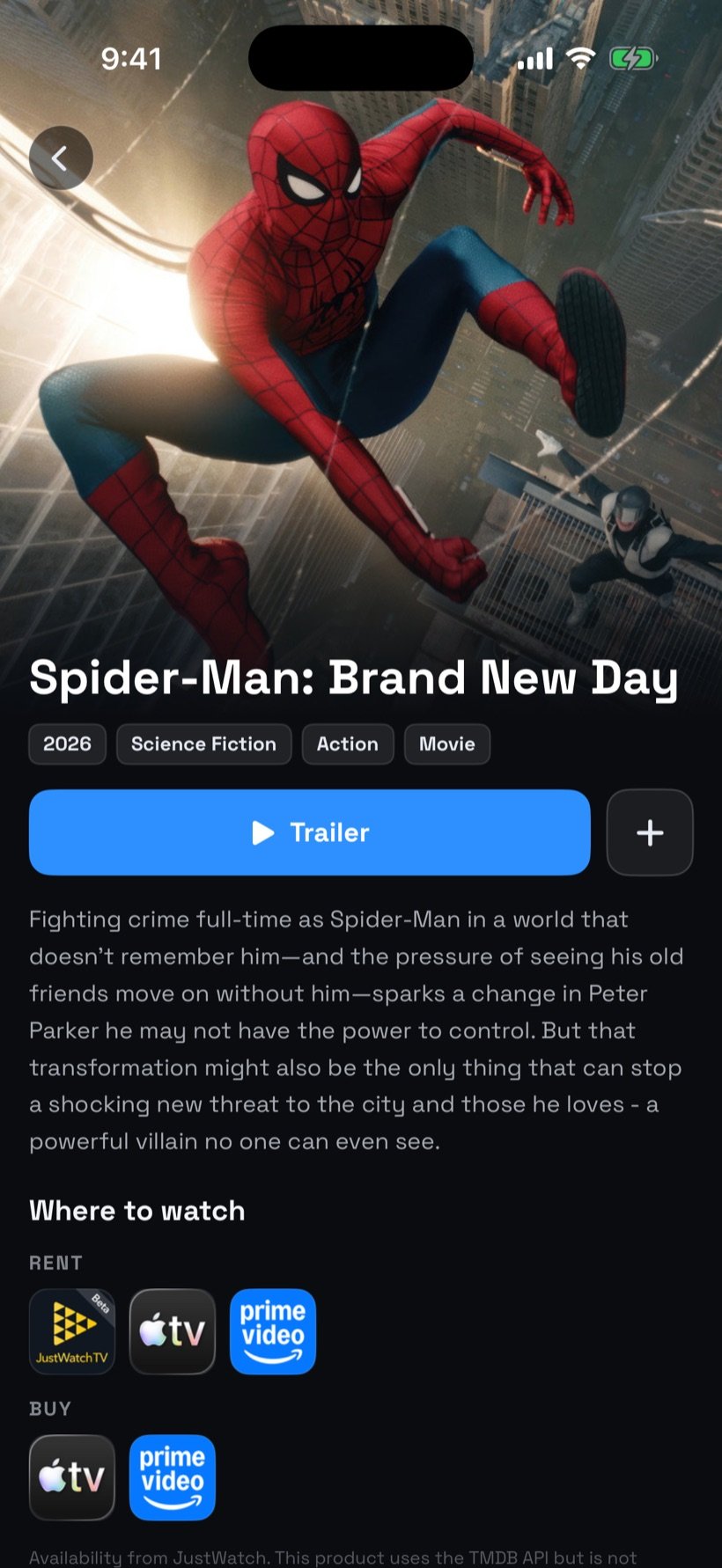 Title page with trailer button, synopsis and where to watch