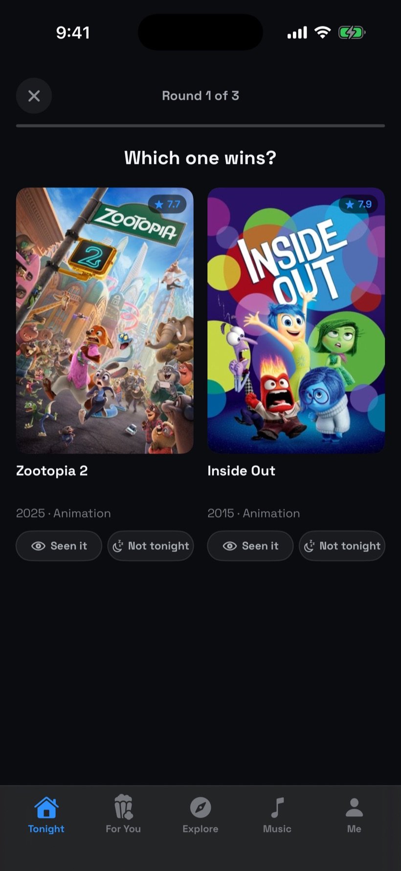 Seekee Tonight: two movies side by side, tap the one you'd rather watch