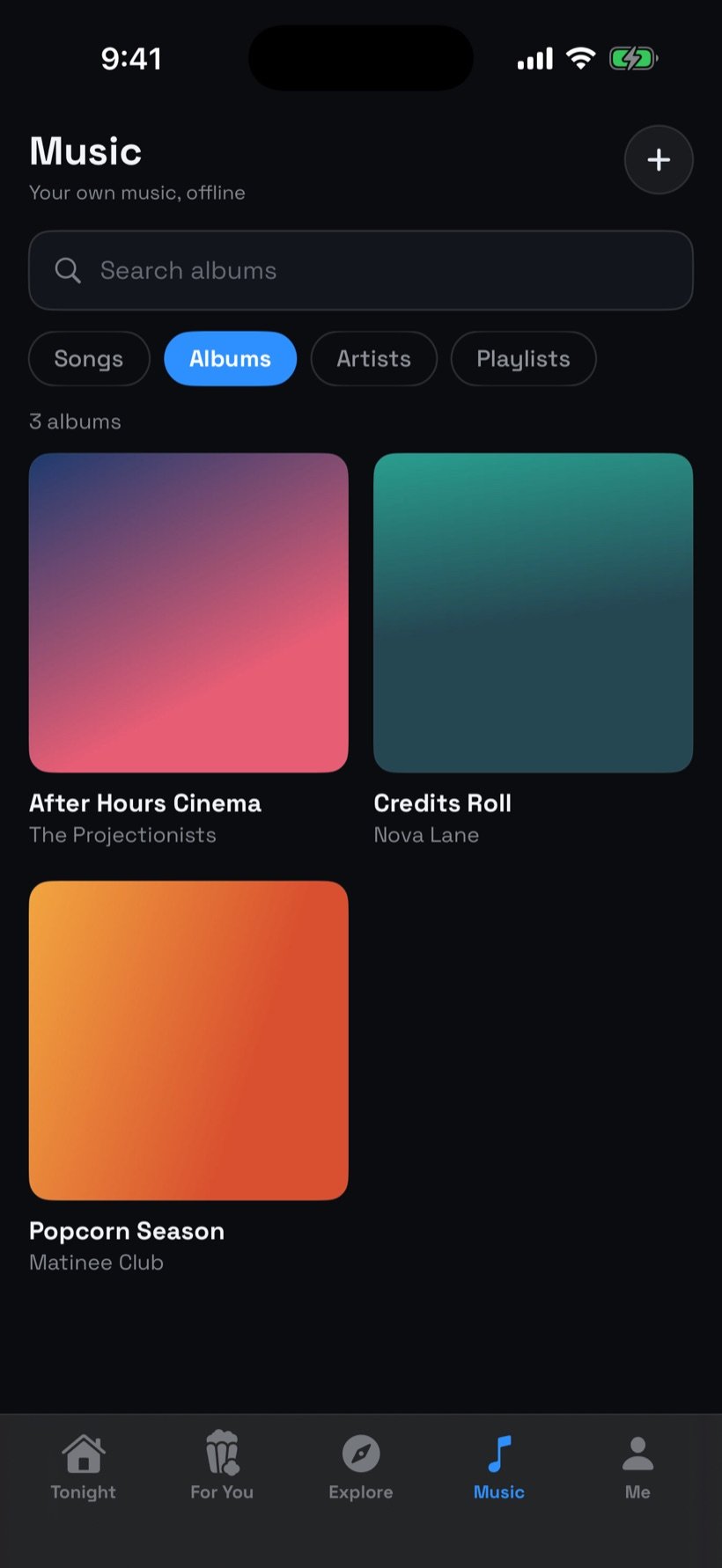 Music library showing three albums with artwork